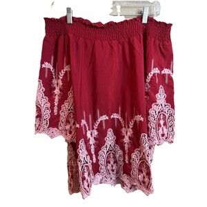 Red Boho Jane Off The Shoulder Blouse‎ Pink Heavily Embroidery Sz Small